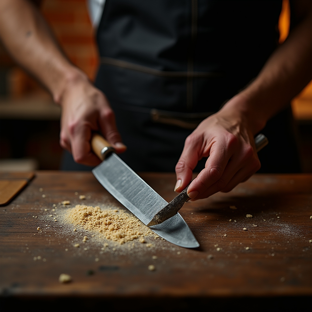 Coltello da pane con lama seghettata su superficie di legno