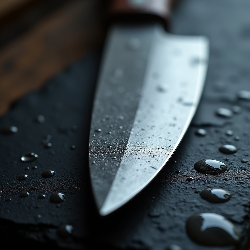 Primo piano del filo affilato di un coltello da cucina professionale