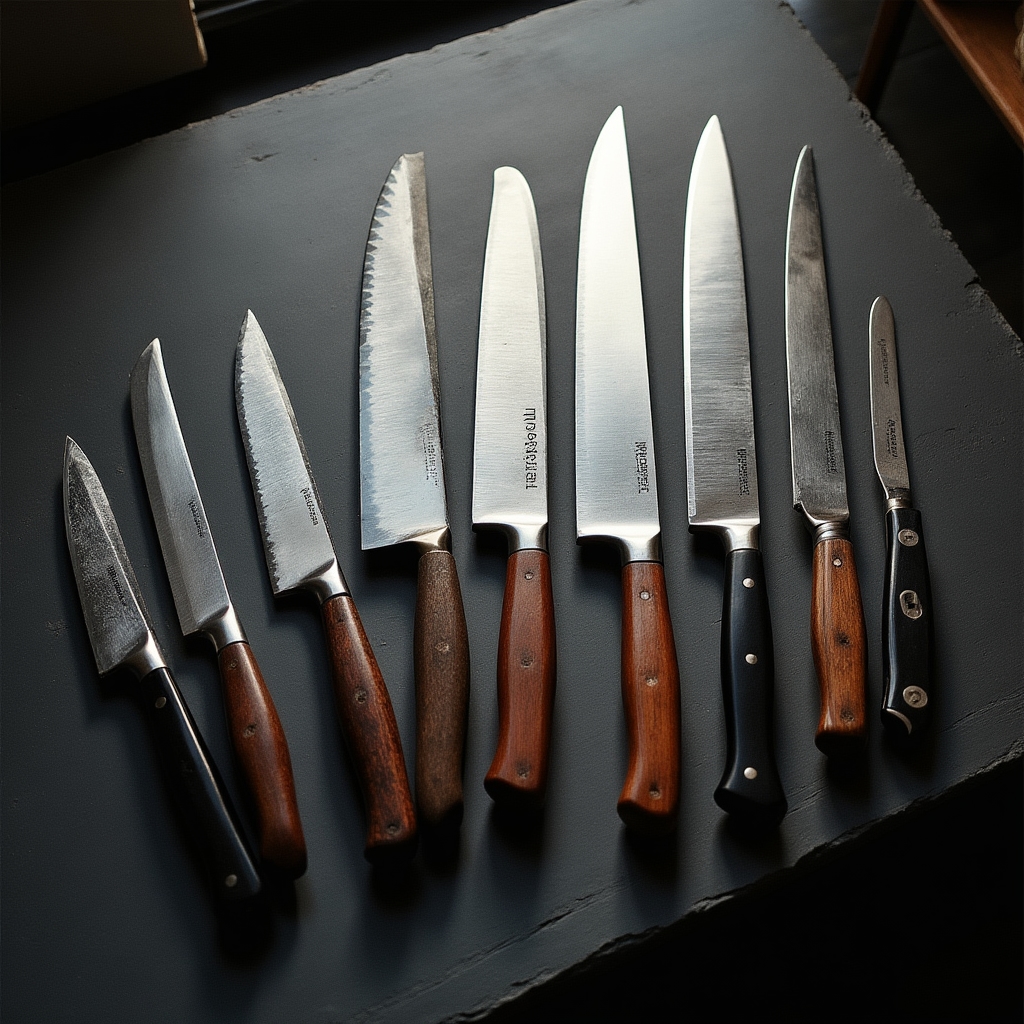 Set completo di coltelli da cucina professionali su piano di lavoro in acciaio inox