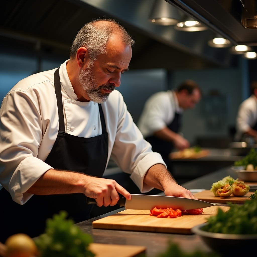 Chef professionista che lavora in cucina di ristorante con coltelli affilati